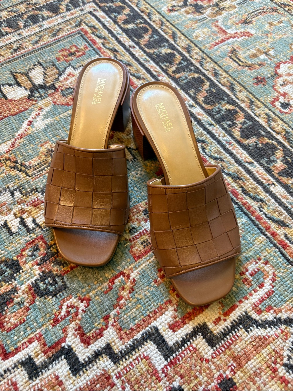 Michael Kors | Brown Woven Ingrid Leather Block Heel Mules | 7 - Picture 3 of 10